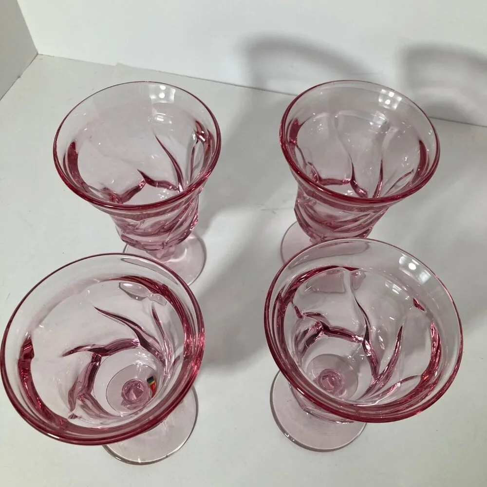 4- Fostoria Mid Century Jamestown Goblets Pink Swirl Twist Glasses 6